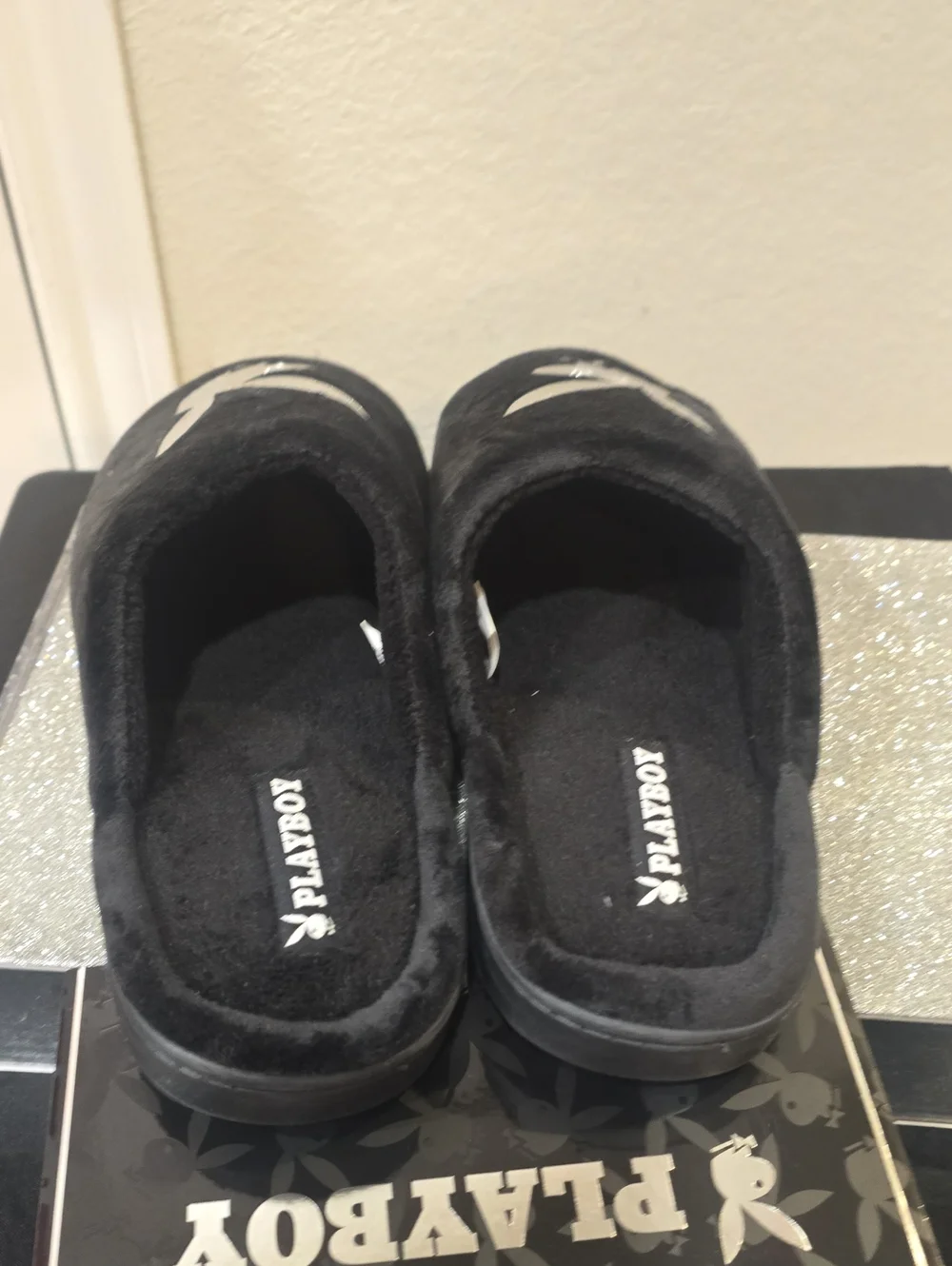 Playboy Metallic Bunny Logo Indoor/Outdoor Memory Foam Slide Slippers- Black